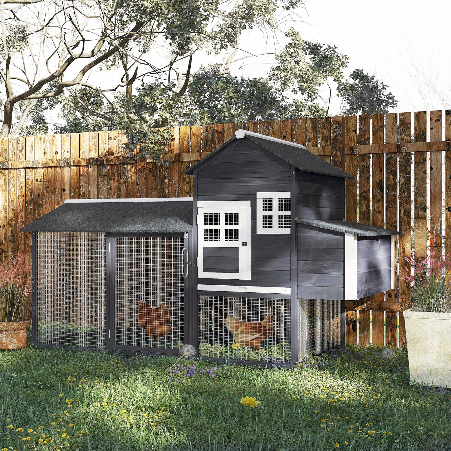 PawHut 84" Chicken Coop Wooden Hen House Rabbit Hutch Poultry Cage Pen Outdoor Backyard with Nesting Box and Run, Grey | Aosom Canada