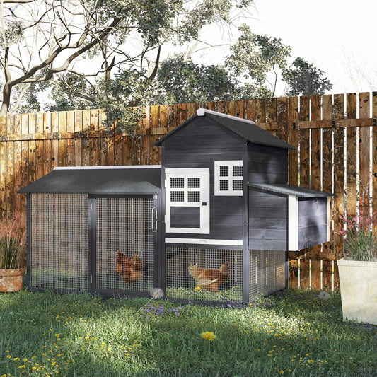 PawHut 84" Chicken Coop Wooden Hen House Rabbit Hutch Poultry Cage Pen Outdoor Backyard with Nesting Box and Run, Grey | Aosom Canada