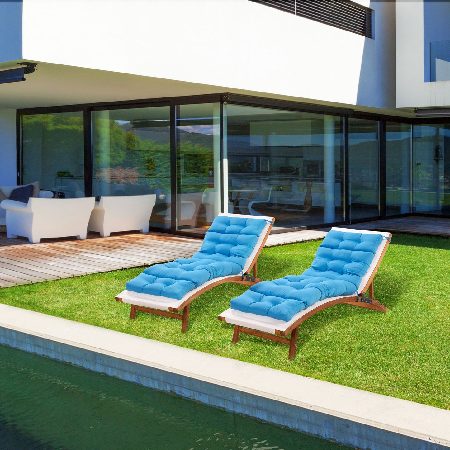 Outsunny Set of 2 Outdoor Chaise Lounge Cushions, 72" x 22" Patio Lounge Chair Cushions with Ties for Outdoor, Indoor, Blue | Aosom Canada