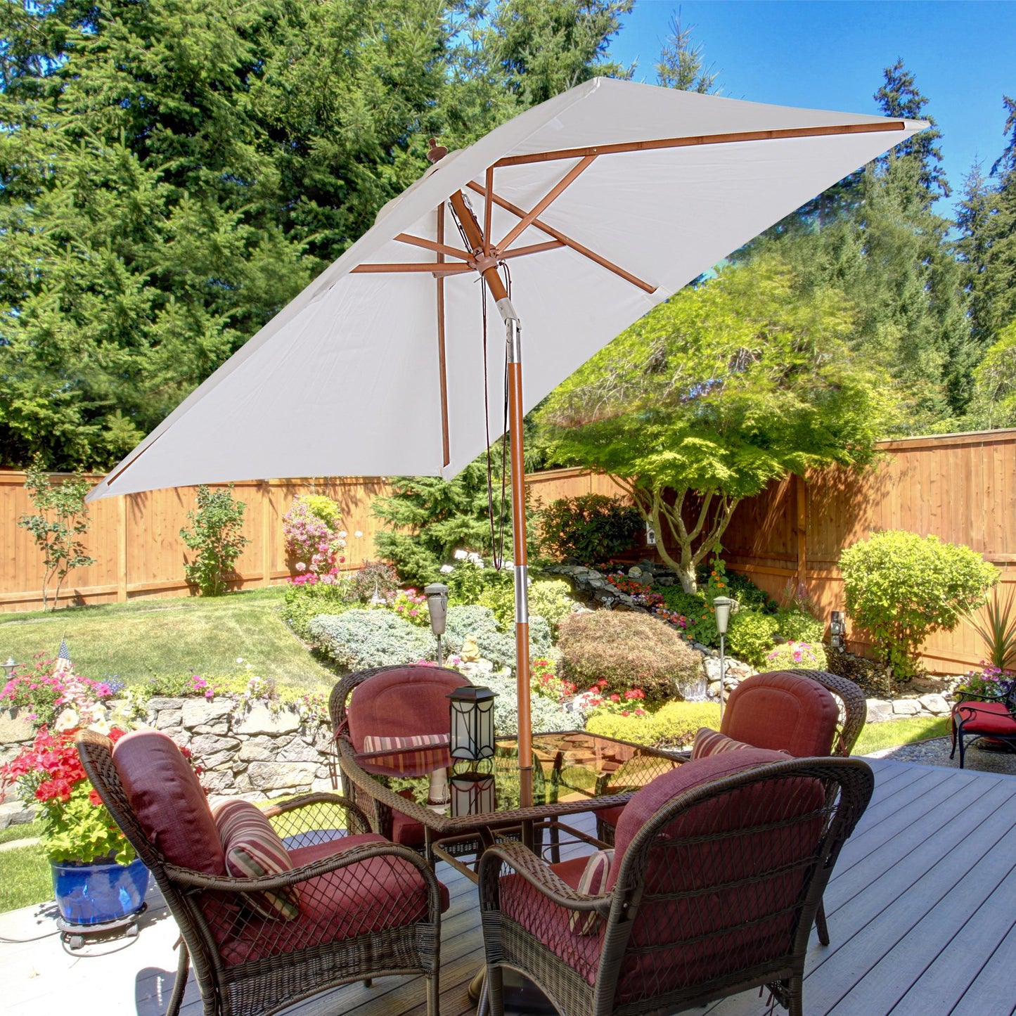 Outsunny 6.6x5ft Wooden Patio Umbrella Market Parasol Tilt Mechanism 6 Ribs Garden Cream White | Aosom Canada