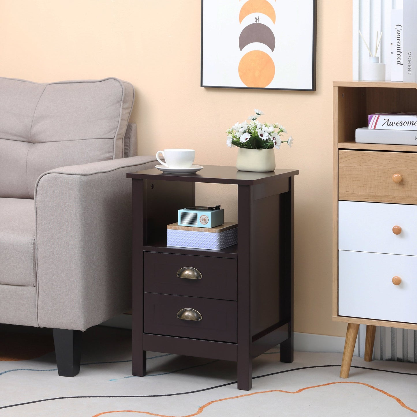 HOMCOM Modern End Table with 2 Drawers and Storage Shelf, Accent Sofa Side Table for Living Room, Coffee | Aosom Canada