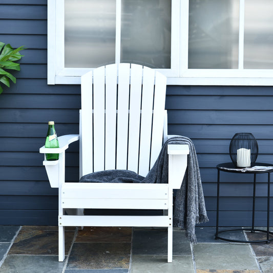Outsunny Wood Adirondack Chair Outdoor Patio Chaise Lounge Seat Deck Reclined Bench w/ Cup Holder White | Aosom Canada