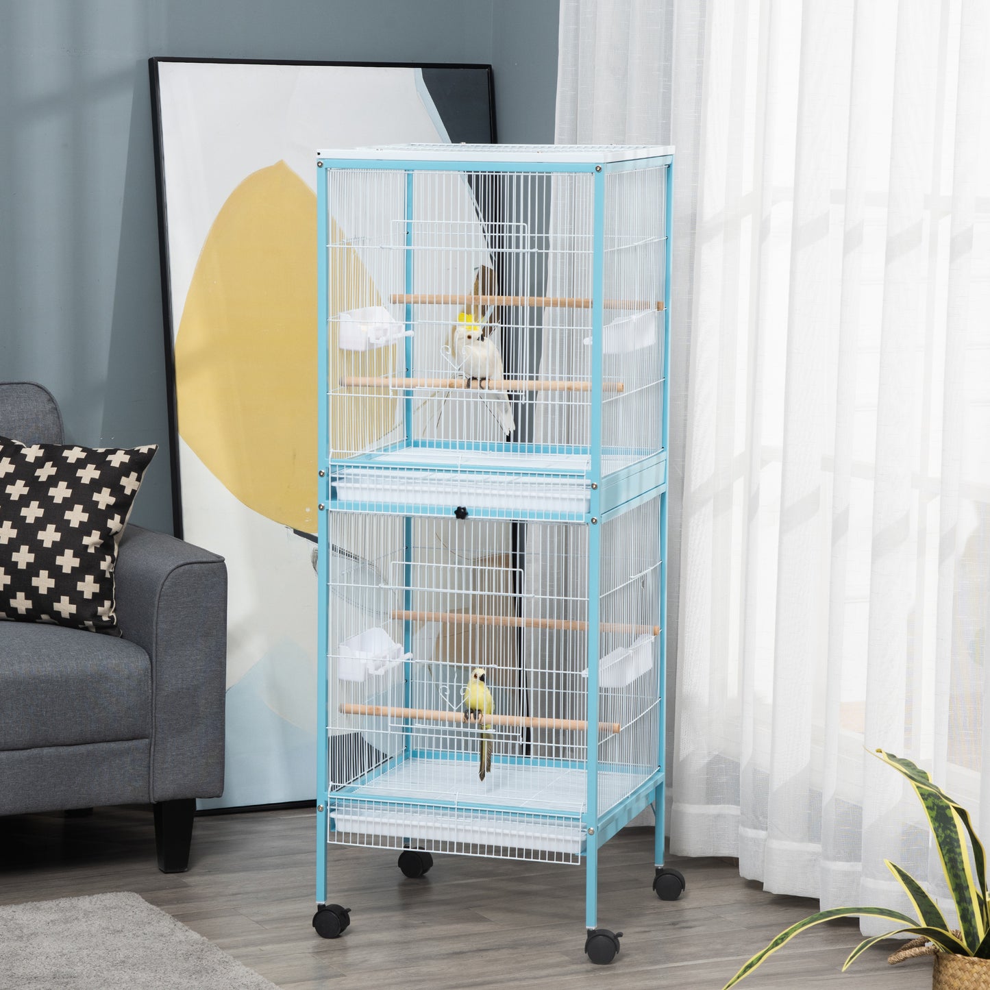 PawHut 55 Inches 2 In 1 Bird Cage Aviary Parakeet House for finches, budgies with Wheels, Slide-out Trays, Wood Perch, Light Blue | Aosom Canada