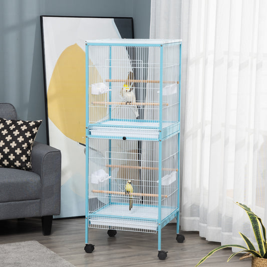 PawHut 55 Inches 2 In 1 Bird Cage Aviary Parakeet House for finches, budgies with Wheels, Slide-out Trays, Wood Perch, Light Blue | Aosom Canada