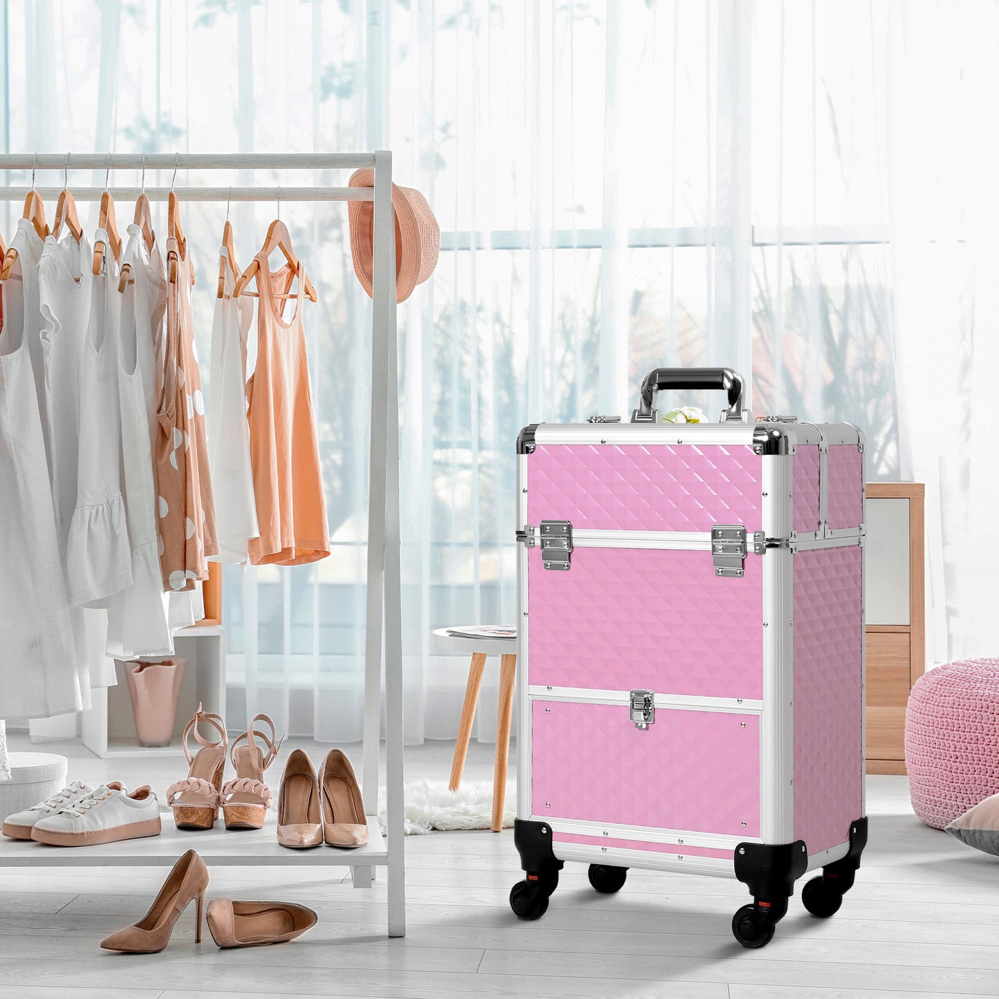 HOMCOM Portable Aluminum Makeup Train Cases, Rolling Makeup Case, Salon Beauty Cosmetic Jewelry Organizer Trolley with 4 Wheels, Pink | Aosom Canada