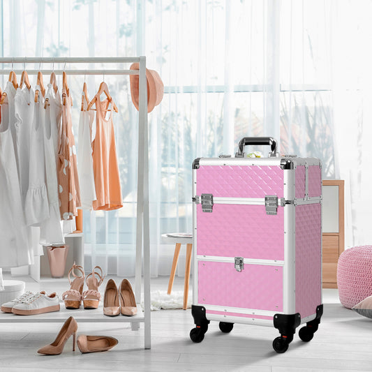 HOMCOM Portable Aluminum Makeup Train Cases, Rolling Makeup Case, Salon Beauty Cosmetic Jewelry Organizer Trolley with 4 Wheels, Pink | Aosom Canada