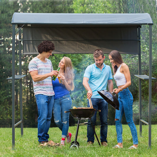 Outsunny 7x4.5ft Outdoor BBQ Gazebo Tent Metal Frame Garden Grill Canopy Sunshade Backyard Portable Shelter with Side Awning, Grey | Aosom Canada
