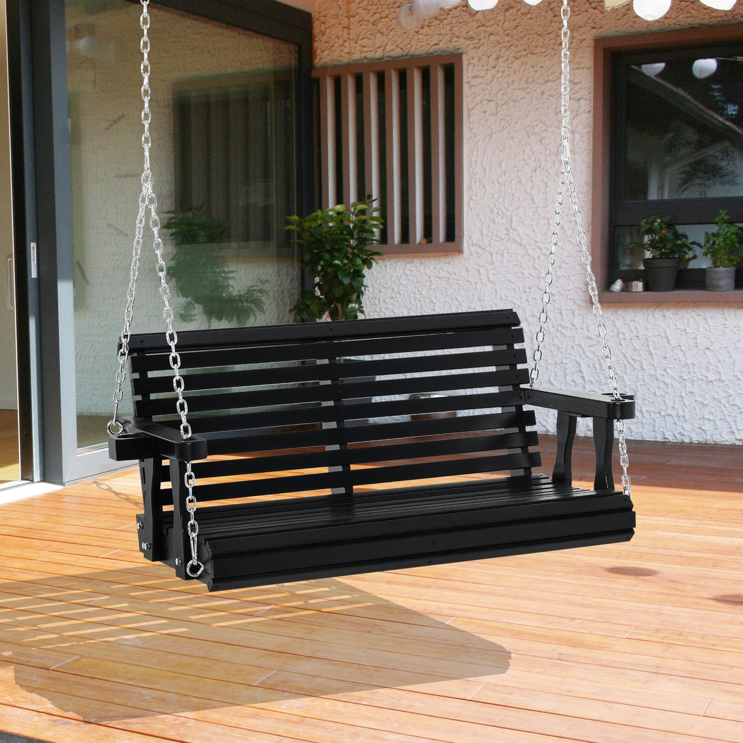 Outsunny 46" 2-Person Outdoor Porch Swing Bench with 2 Built-In Cup Holders & Chains Included, 550lbs Weight Capacity, Black | Aosom Canada