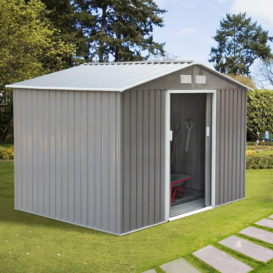 Outsunny 9'x6' Outdoor Garden Storage Home Depot Sheds Metal Floor Foundation Outdoor Patio Yard Tool Shed Backyard House Grey White | Aosom Canada