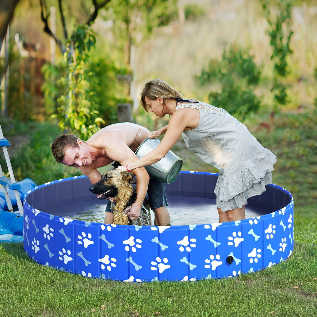 PawHut Foldable PVC Dog Bath Pool Portable Pet Kiddie Swimming Pool, Outdoor/Indoor Bath Tub with Nonslip Bottom, Blue 63"x12" XL | Aosom Canada