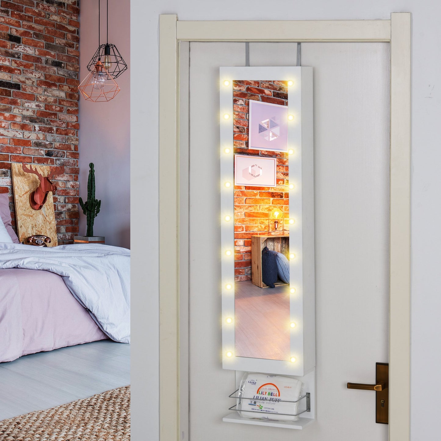HOMCOM Jewelry Armoire w/ Mirror and 18 LED Lights Wall-Mounted Over-The-Door Hanging Jewelry Cabinet w/ 3 Adjustable Heights | Aosom Canada