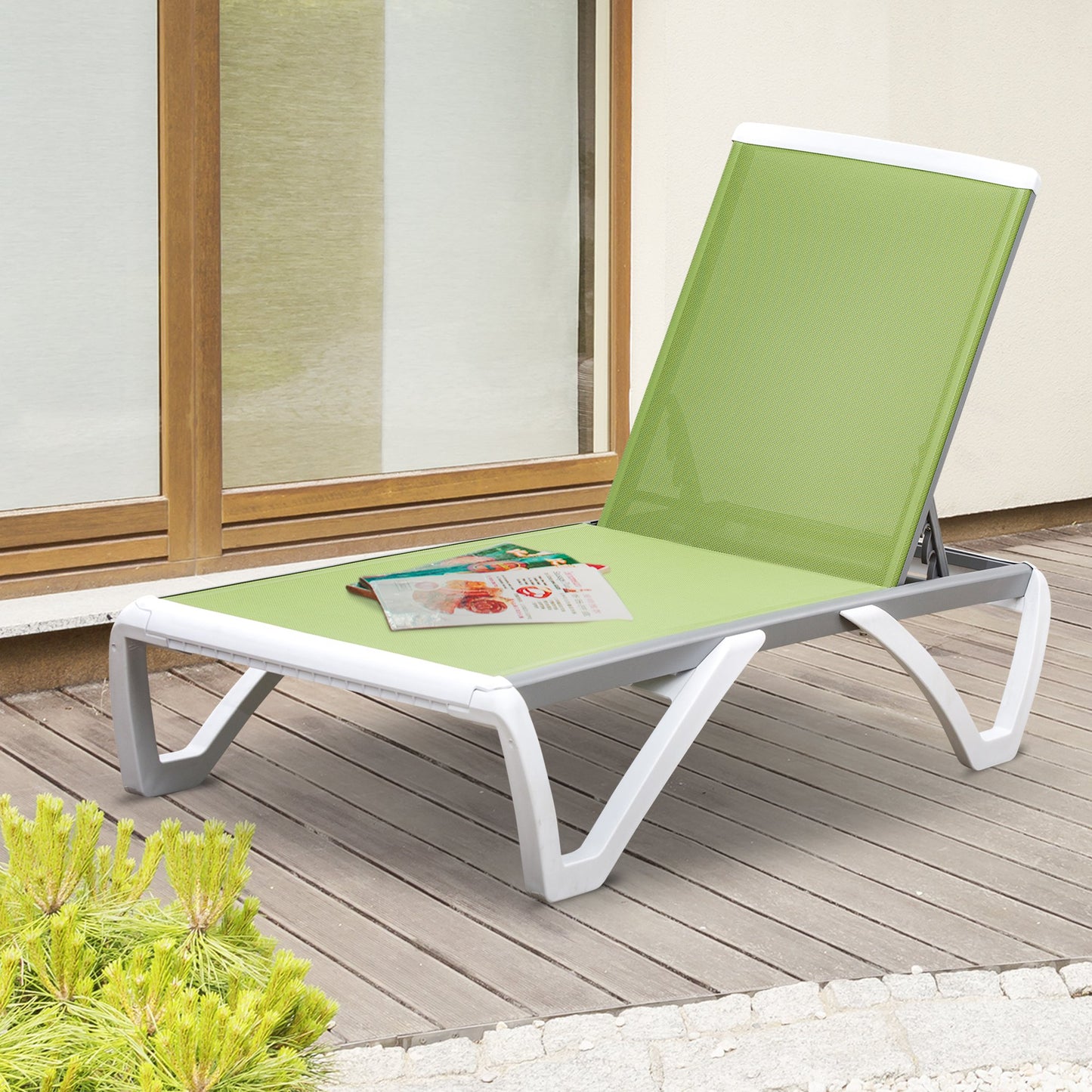 Outsunny Portable Outdoor Chaise Patio Lounge Chair, with 5-Level Adjustable Back Wheels Breathable Texteline, Green | Aosom Canada