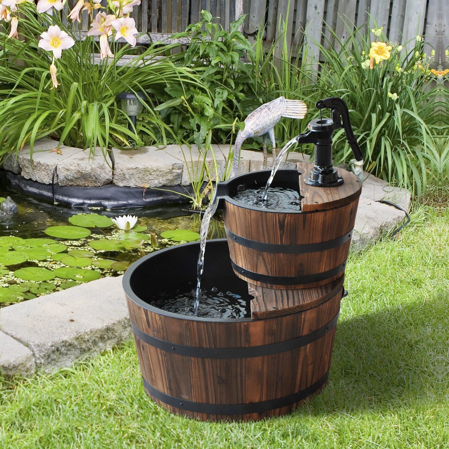 Outsunny 2-Tier Wooden Barrel Water Fountain with Electric Pump Cascading Feature Outdoor Indoor Decoration | Aosom Canada
