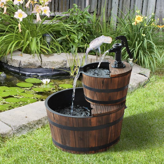 Outsunny 2-Tier Wooden Barrel Water Fountain with Electric Pump Cascading Feature Outdoor Indoor Decoration | Aosom Canada