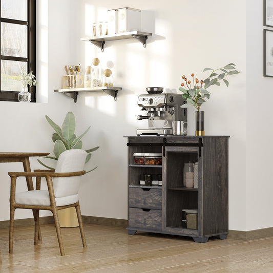 HOMCOM Industrial Freestanding Sideboard Buffet Sliding Door Storage Cabinet with 2 Drawers, 2 Shelves, Dark Brown and Black | Aosom Canada