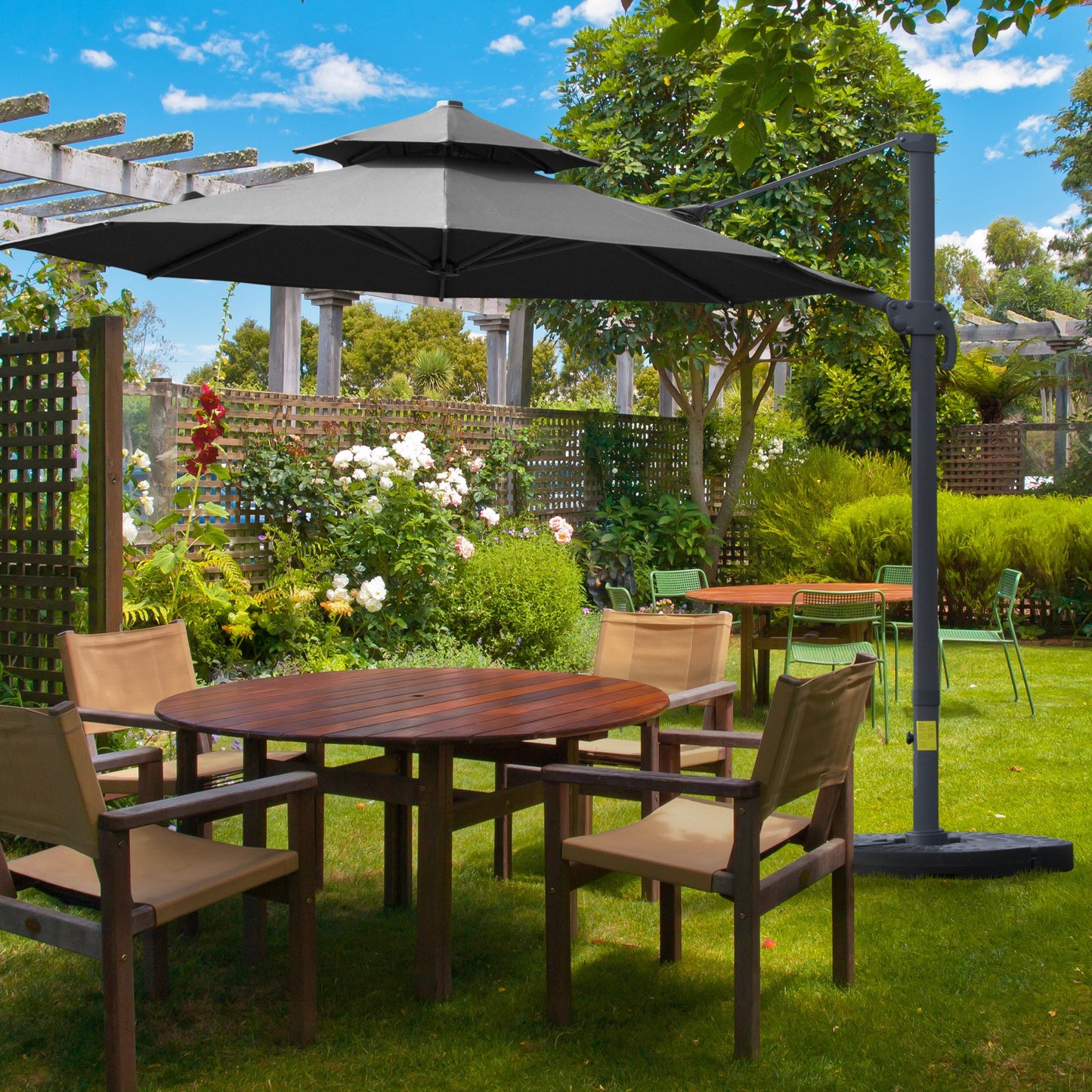 Outsunny 11ft Outdoor Cantilever Umbrella Rotatable Sun Shade Market Umbrella w/ Adjustable Angle Double-top Canopy for Lawn and Garden | Aosom Canada