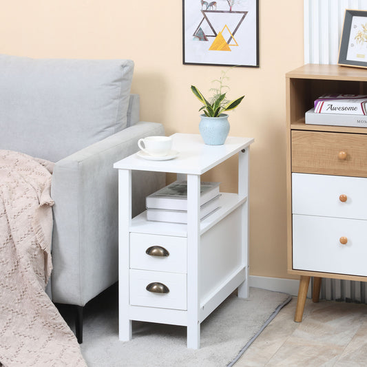 HOMCOM Slim End Table with 2 Drawers and Storage Shelf, Sofa Side Table for Living Room, Narrow Nightstand, White | Aosom Canada