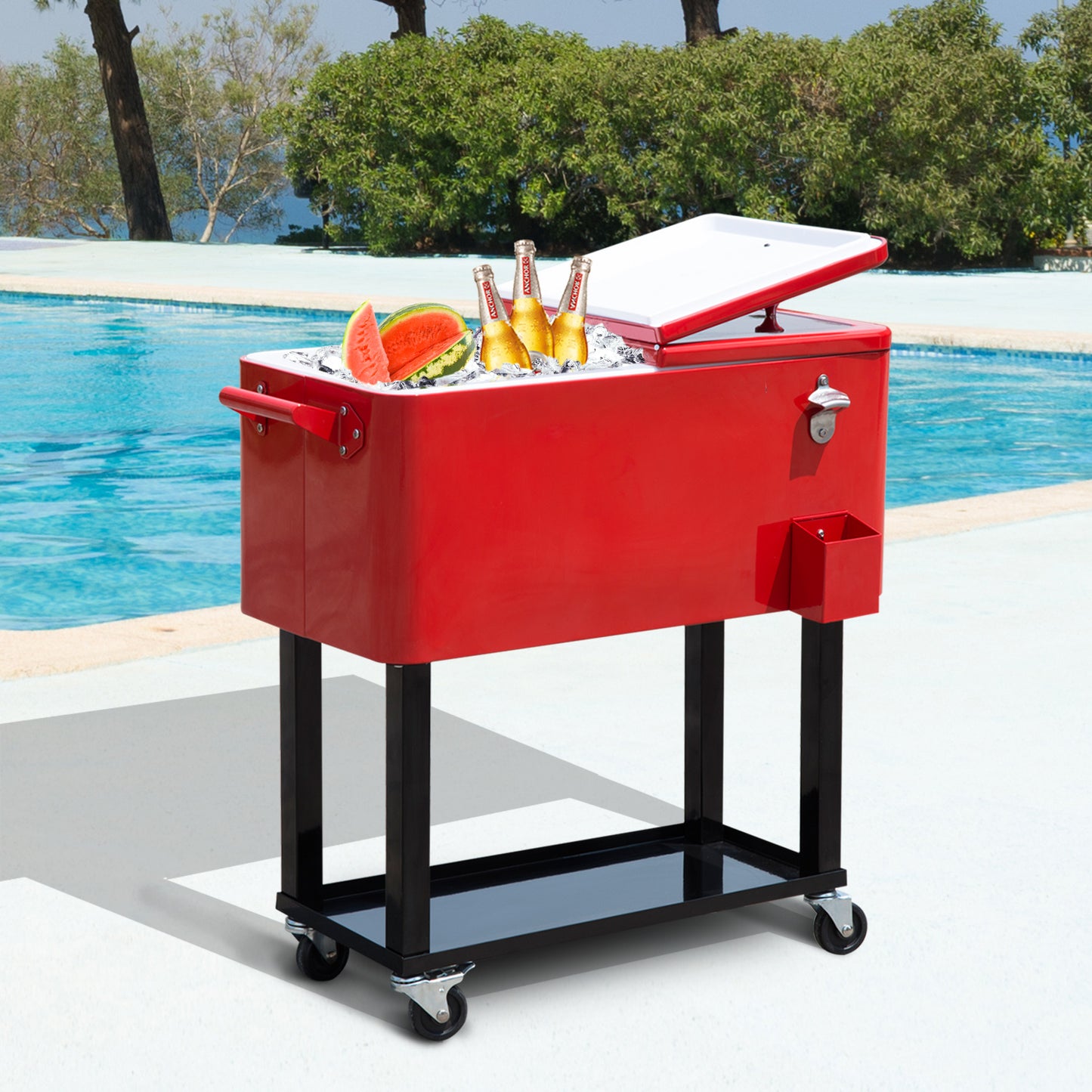 Outsunny 80 Quart Rolling Cooler Cart Portable Patio Ice Beer Beverage Cooling Bin for Outdoor Party w/ Bottle Opener Storage Shelf Red | Aosom Canada