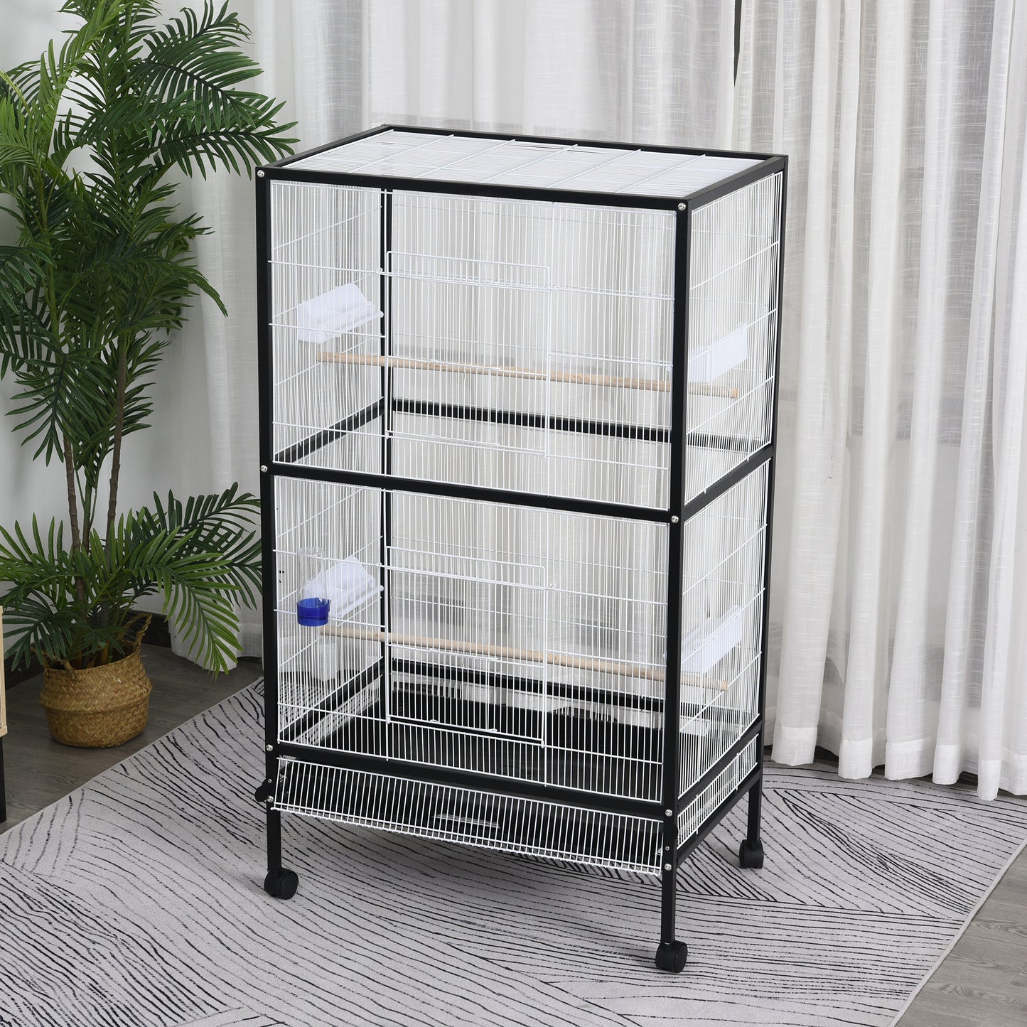 PawHut 30x20.5x54-Inch Bird Cage Parrot Macaw Finch Cockatoo Flight Cage with Wheels Black/White | Aosom Canada