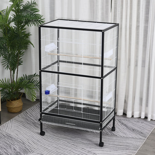 PawHut 30x20.5x54-Inch Bird Cage Parrot Macaw Finch Cockatoo Flight Cage with Wheels Black/White | Aosom Canada