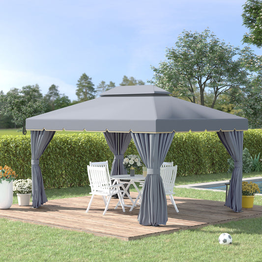 Outsunny 13' x 10' Outdoor Patio Gazebo Canopy with 2-Tier Polyester Roof, Vented Mesh Sidewall & Strong Aluminum Frame, Grey | Aosom Canada