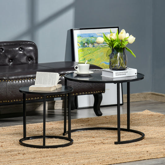 HOMCOM Round Nesting Coffee Table Set of 2, Stacking Modern Accent Tables with Faux Marble Tabletop and Metal Frame, Black | Aosom Canada