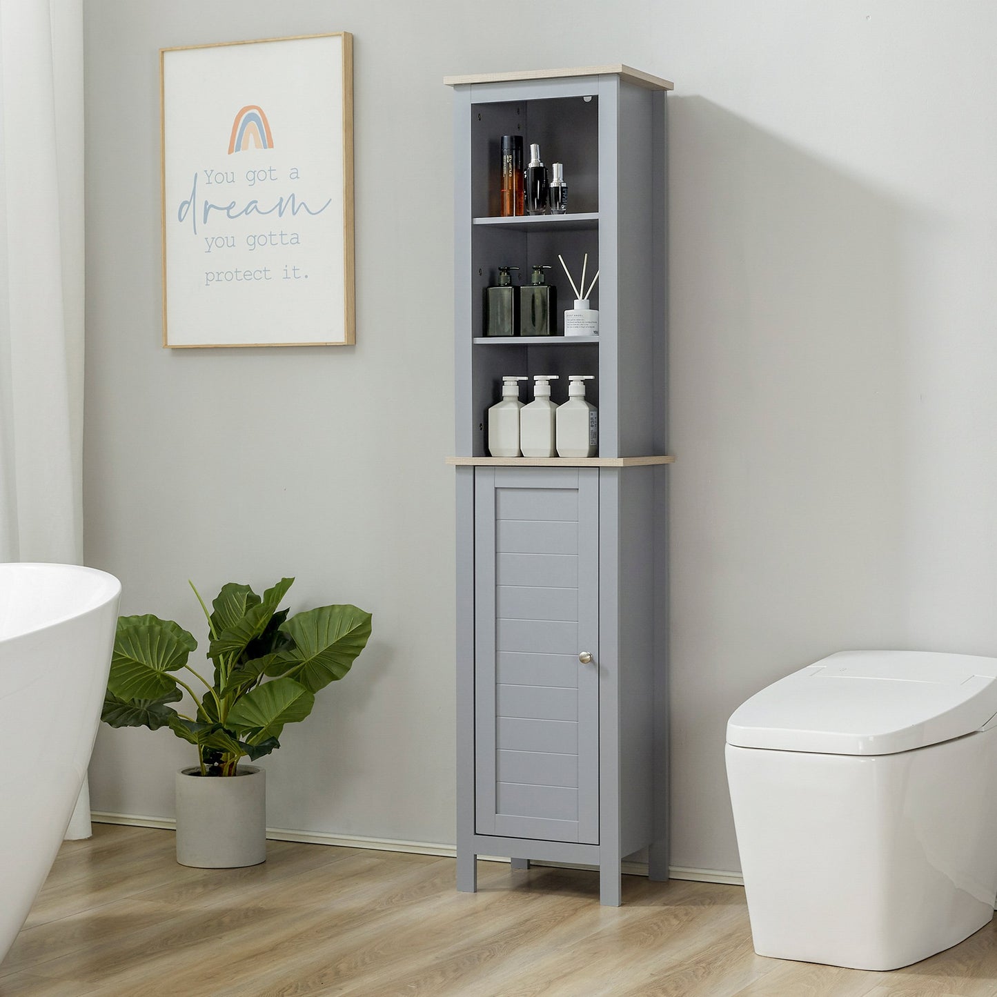 kleankin Bathroom Floor Storage Cabinet with 3 Tier Shelf, Free Standing Linen Tower, Tall Slim Side Organizer Shelves, Grey | Aosom Canada