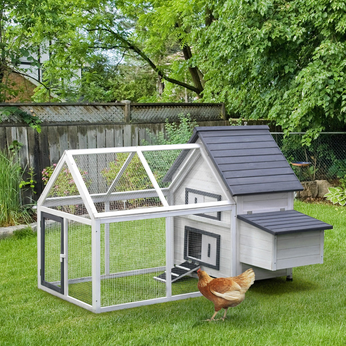 PawHut 65" Chicken Coop Wooden Hen House Rabbit Hutch Poultry Cage Pen Outdoor Backyard with Nesting Box, Ramp, Run, and Ladder | Aosom Canada