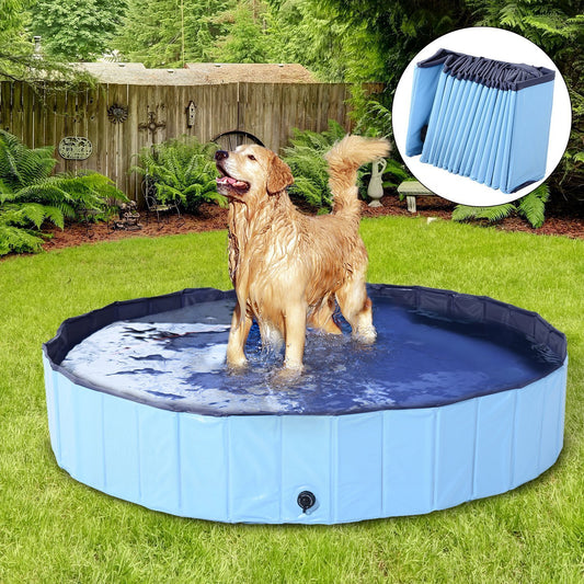 PawHut Folding PVC Dog Bath Pool Portable Pet Kiddie Swimming Pool, Outdoor/Indoor Puppy Bath Tub with Nonslip Bottom, Φ63", Blue | Aosom Canada