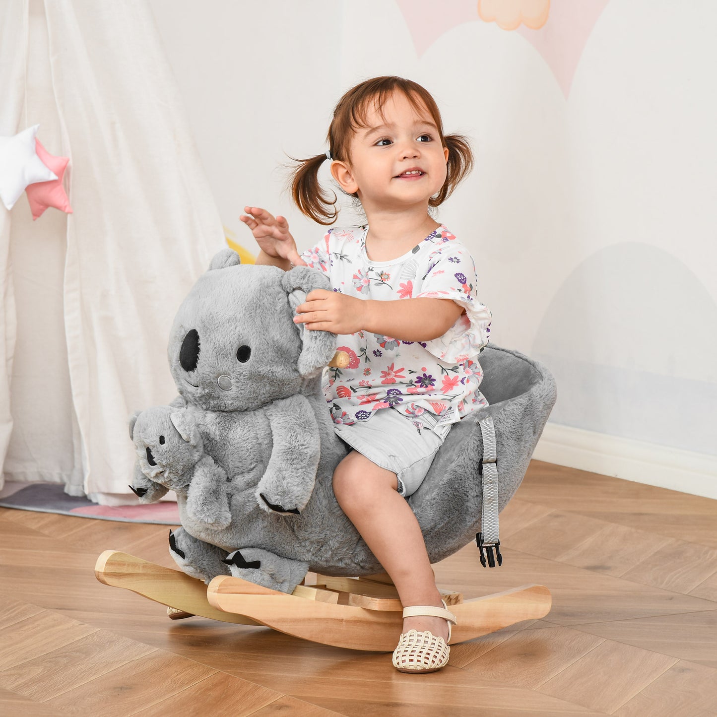 Qaba HOMCOM Kids Plush Ride-On Rocking Horse Koala-shaped Plush Toy Rocker with Gloved Doll Realistic Sounds for 18-36 Months Grey | Aosom Canada