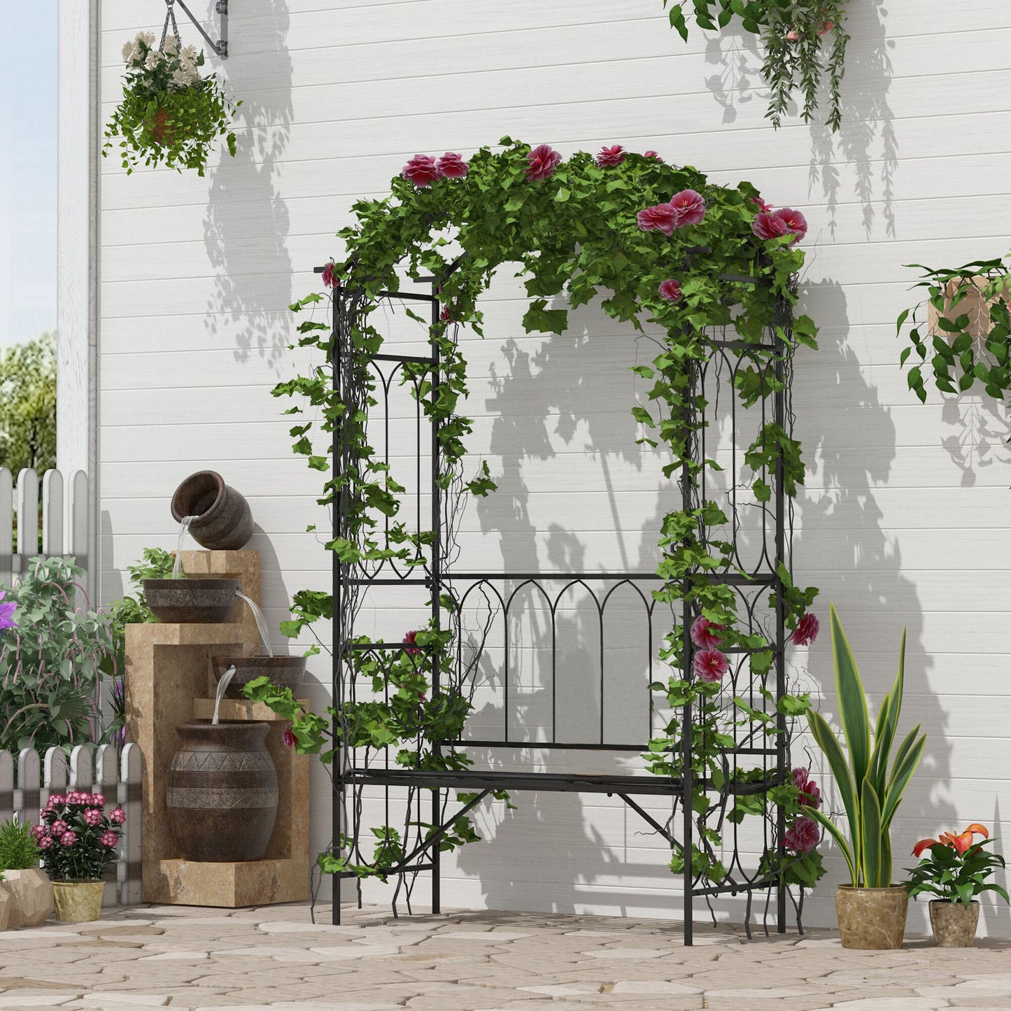 Outsunny 80" Fairy Garden Arbor Arch with Bench Metal Outdoor Plant Climbing Support Trellis with 2 Seater Bench for Rose Vines Black | Aosom Canada