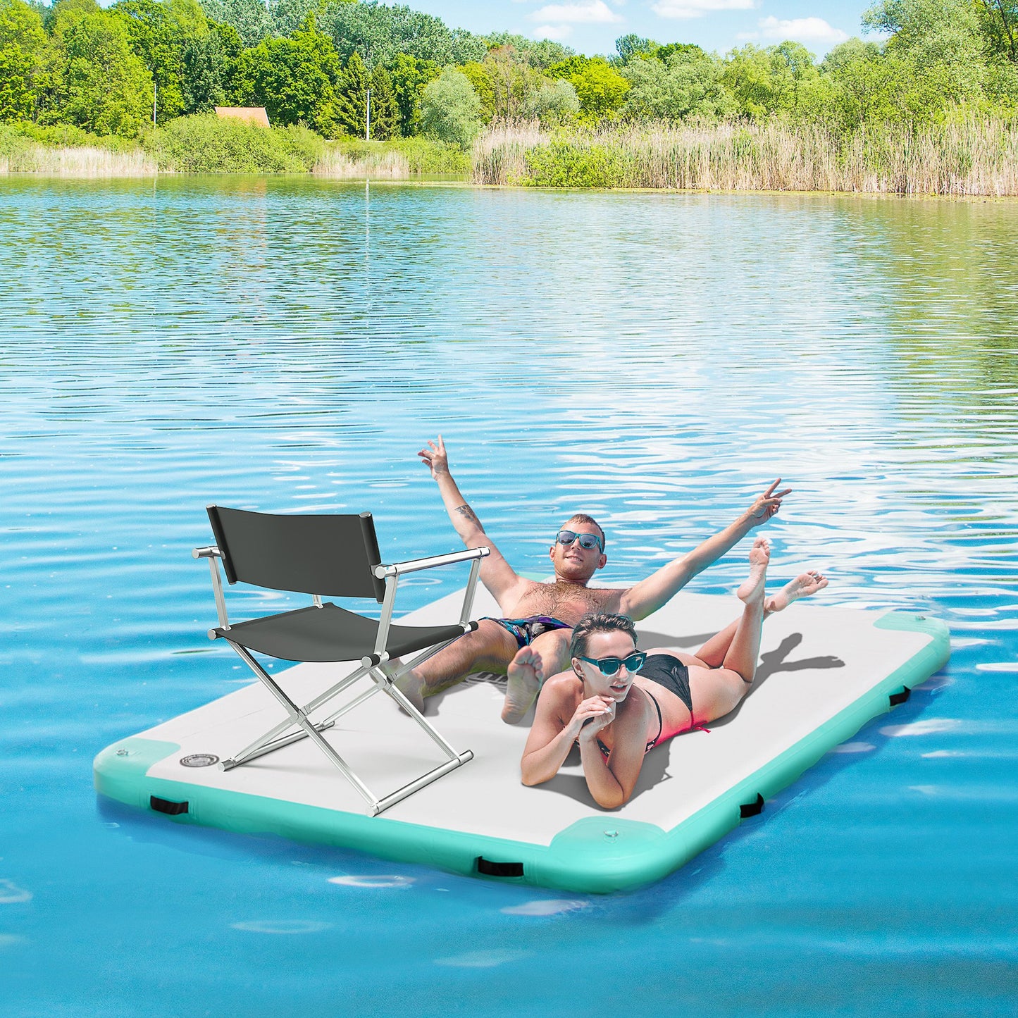 Outsunny Water Inflatable Floating Dock, Inflatable Platform Island, Large Floating Mat Raft with Air Pump & Backpack, White | Aosom Canada