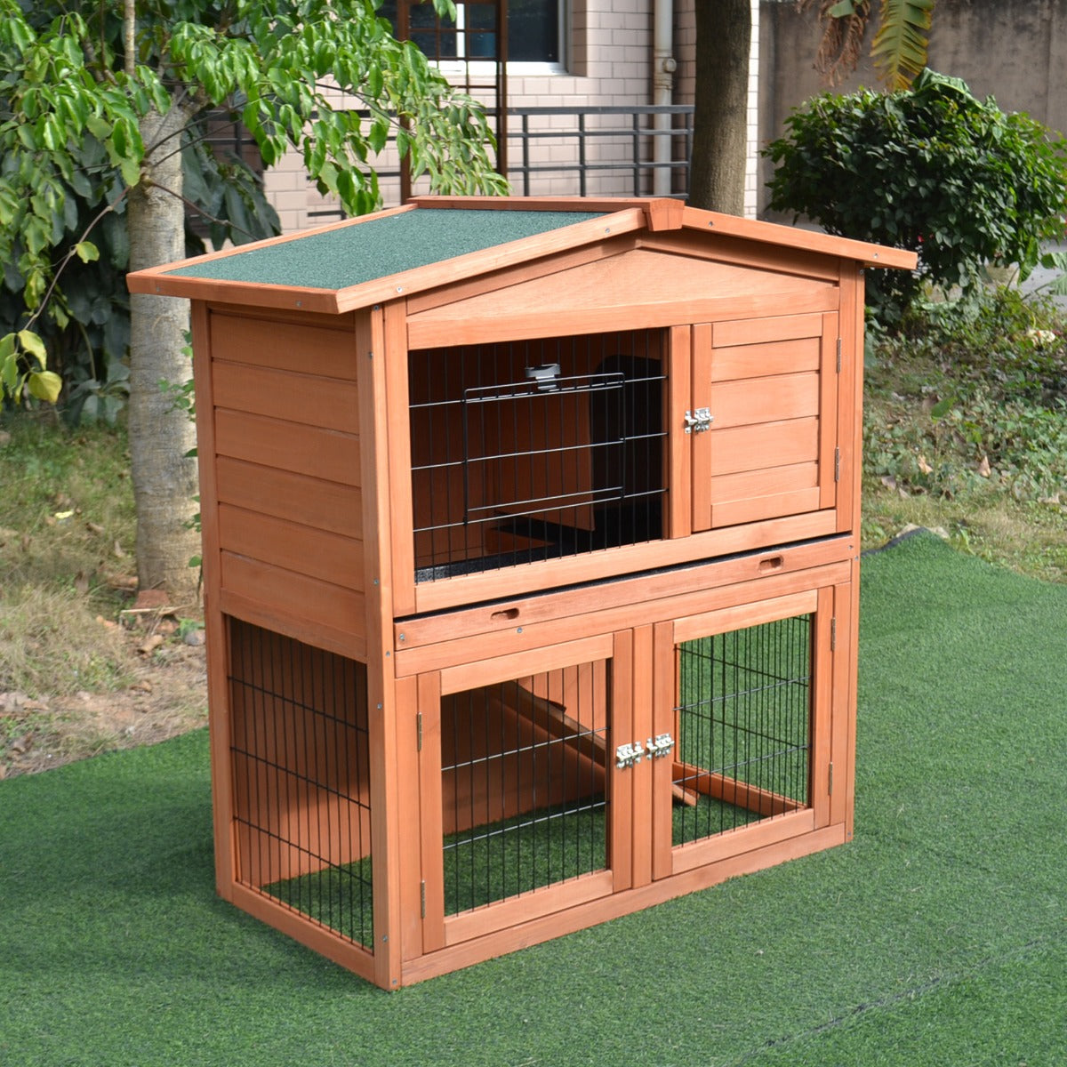 PawHut 40" Rabbit Hutch Wood Cage Poultry House Small Animal Habitats w/ Run | Aosom Canada