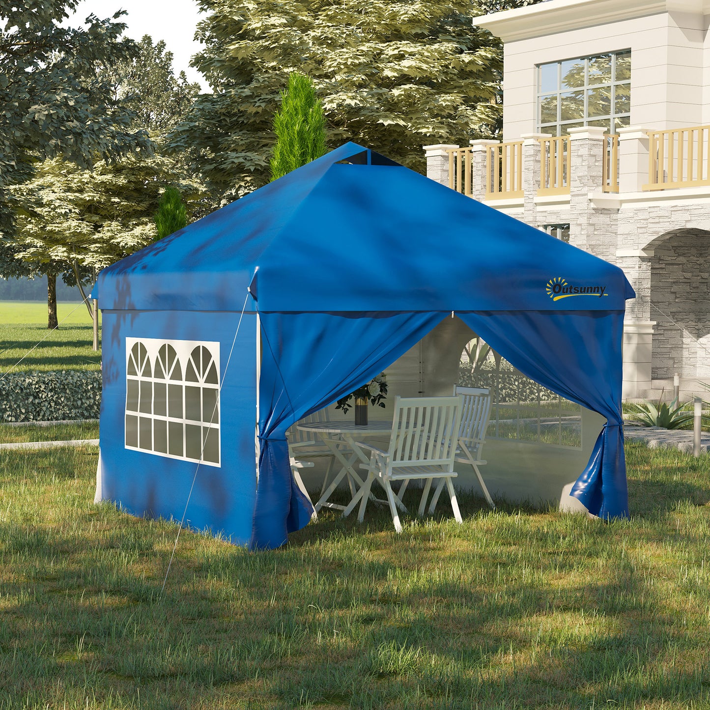 Outsunny 10' x 10' Pop Up Canopy Tent, Instant Shelter Tent with Sidewalls, Windows, Roller Bag for Garden, Patio, Blue | Aosom Canada