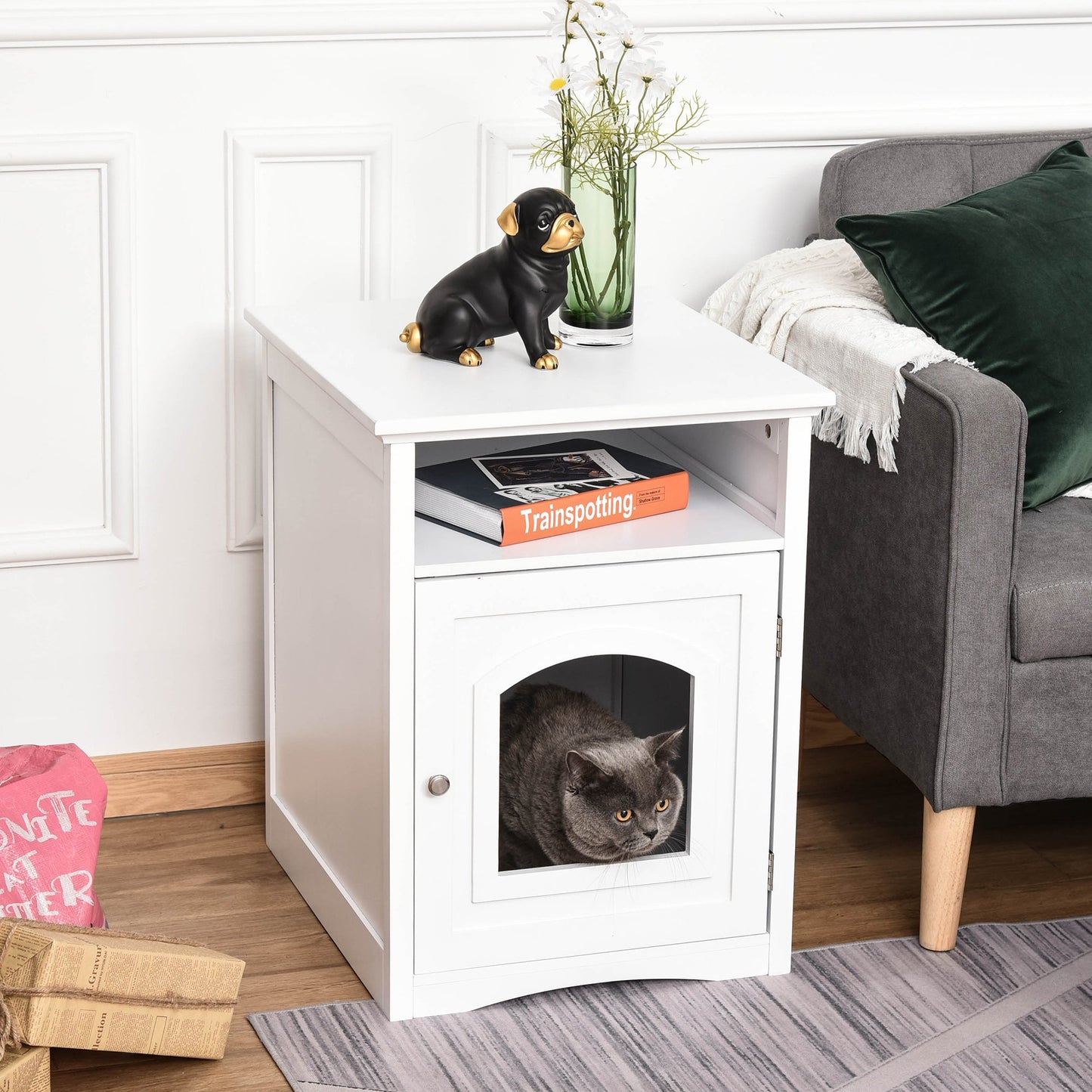 PawHut Wooden Cat Washroom Pet Litter Box Decorative Kitten House Nightstand End Table Indoor with Magnetic Door White | Aosom Canada