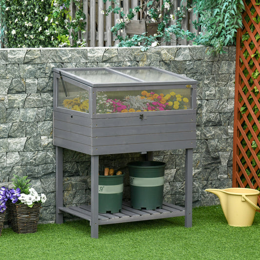 Outsunny Raised Garden Bed with Cold Frame Greenhouse, Grow Grids and Storage Shelf, Outdoor 2 Tiers Elevated Wood Planter Box | Aosom Canada