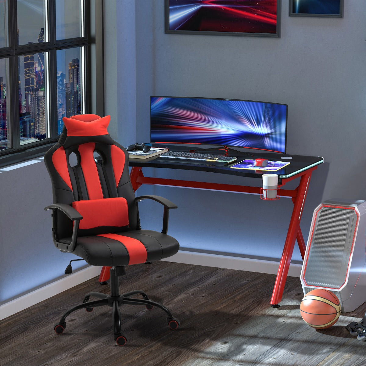 HOMCOM High Back Racing Style Gaming Chair Adjustable PU Leather Swivel Computer Task Seat w/ Lumbar Support and Pillow Red | Aosom Canada
