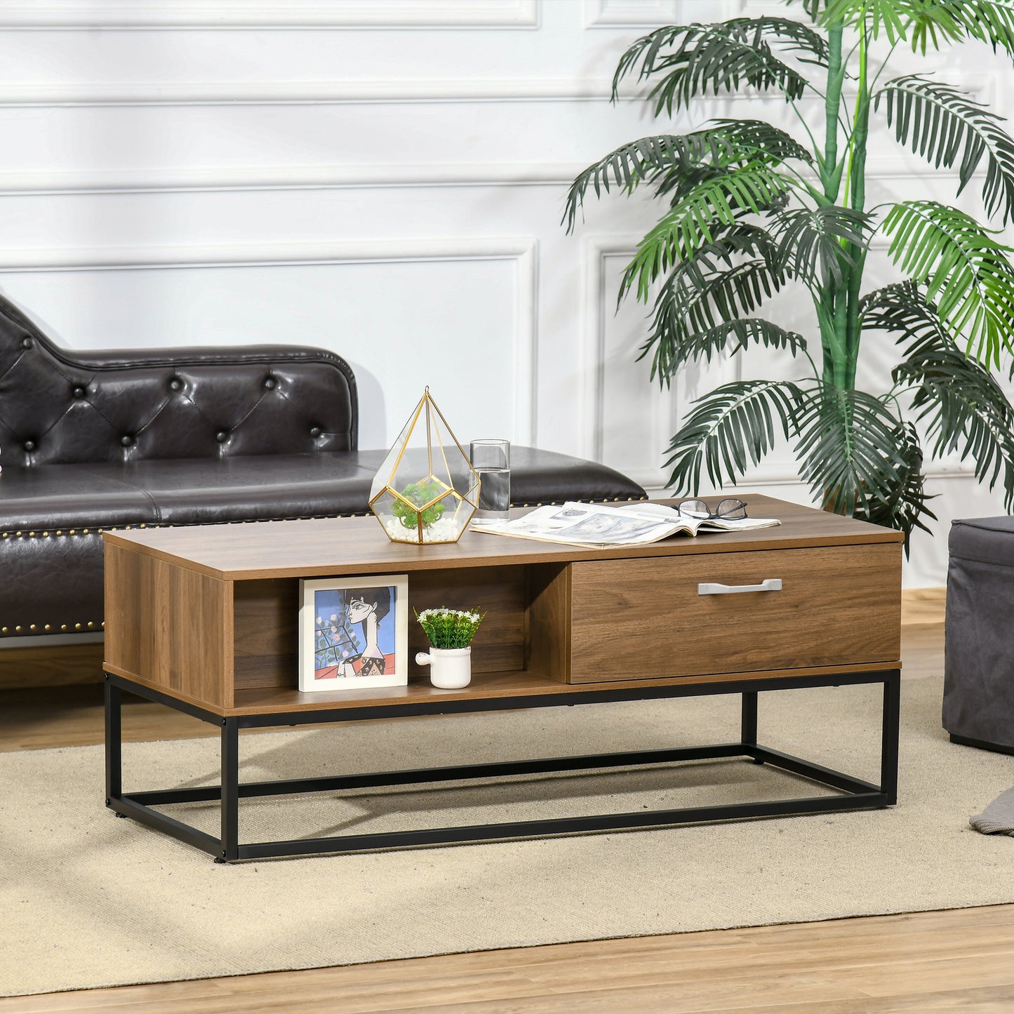 HOMCOM Industrial Coffee Table with Storage Shelves, Drawers, Rectangular Accent Cocktail Table for Living Room, Brown | Aosom Canada