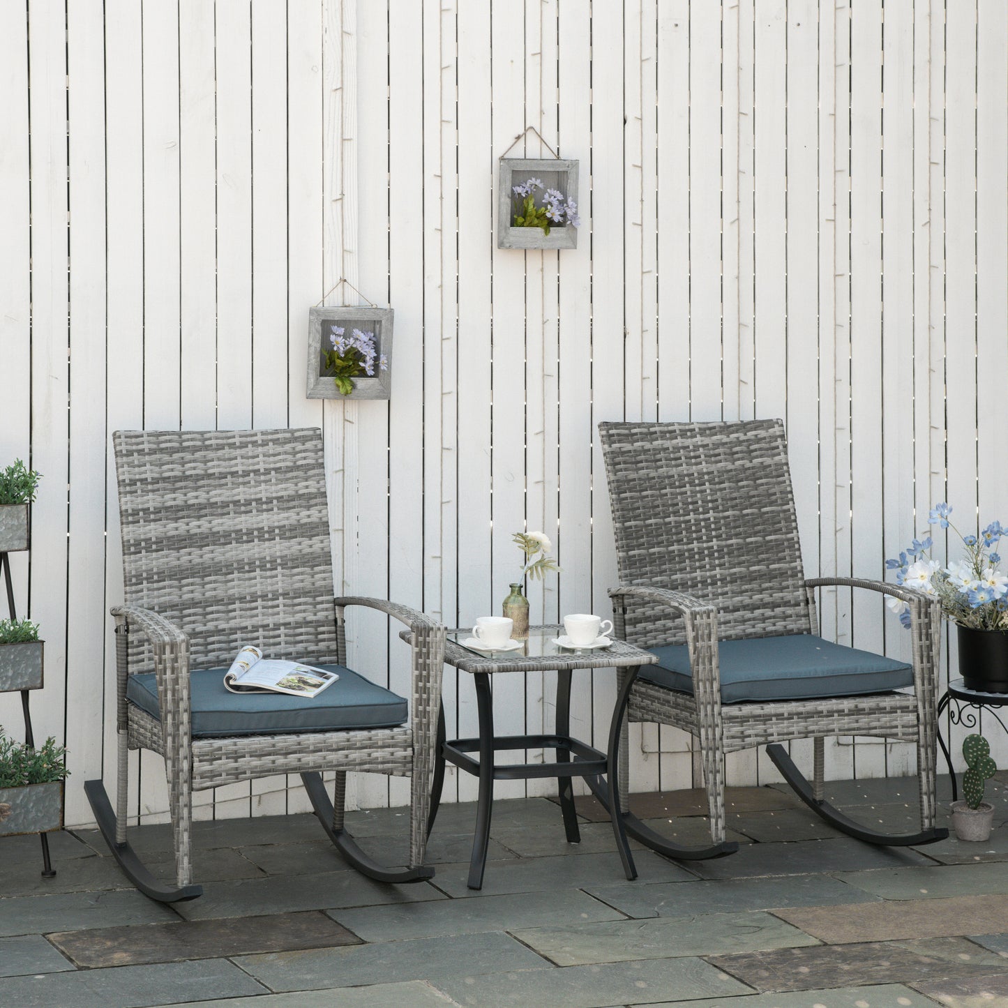 Outsunny 3pcs Rattan Rocking Chair Table Set Outdoor Wicker Furniture with 2 Chair 1 Coffee Table, Grey | Aosom Canada