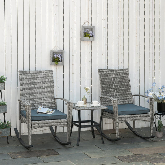 Outsunny 3pcs Rattan Rocking Chair Table Set Outdoor Wicker Furniture with 2 Chair 1 Coffee Table, Grey | Aosom Canada