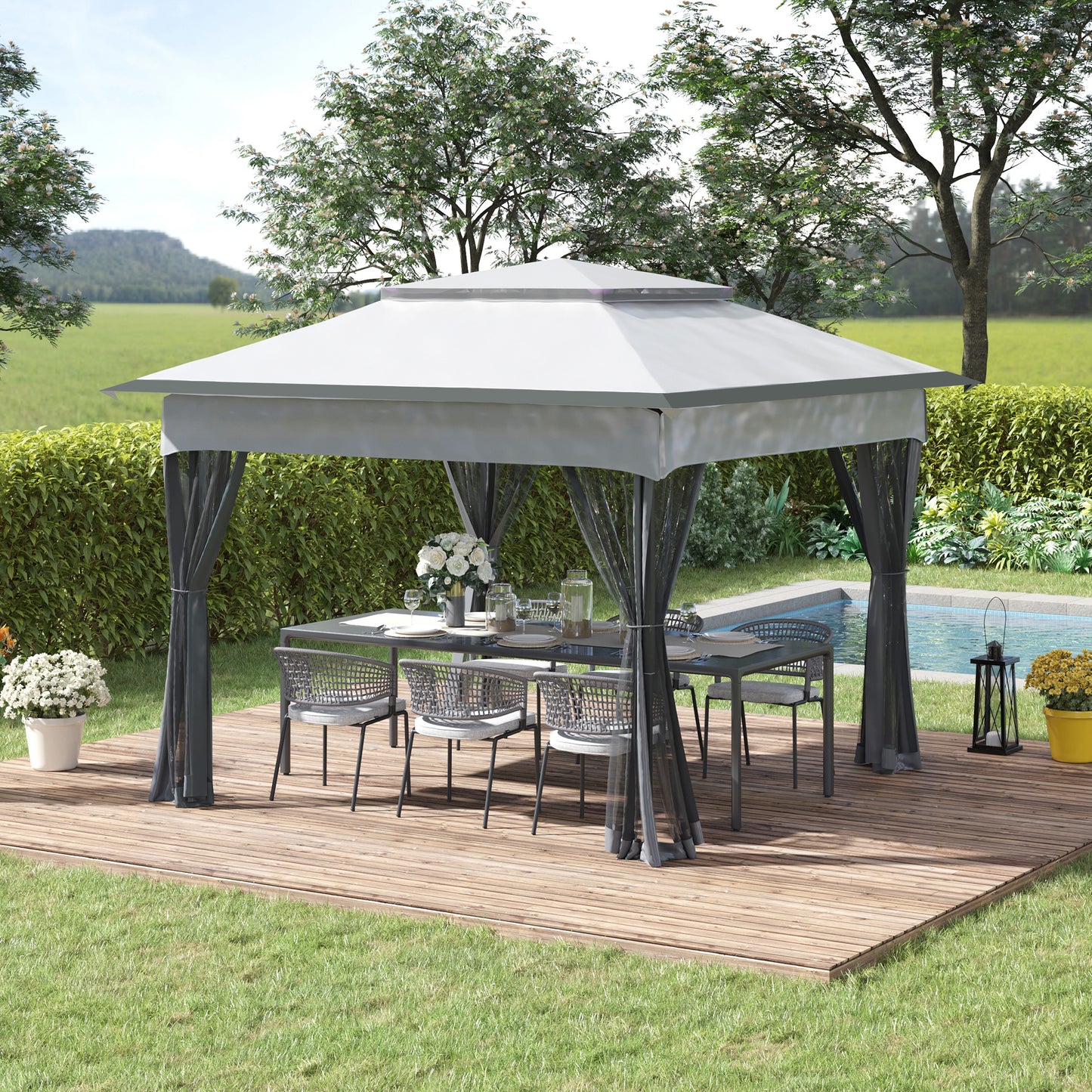 Outsunny 11' x 11' Pop Up Gazebo Canopy with 2-Tier Soft Top, Removable Zipper Netting, Event Tent with Large Space Shade, Grey | Aosom Canada