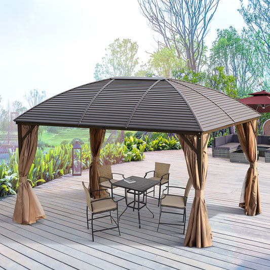Outsunny 10' x 13' Hardtop Gazebo Aluminum Canopy w/ Mesh Nettings, Practical Curtains, Arc Roof & Roomy Interior Space, Brown | Aosom Canada