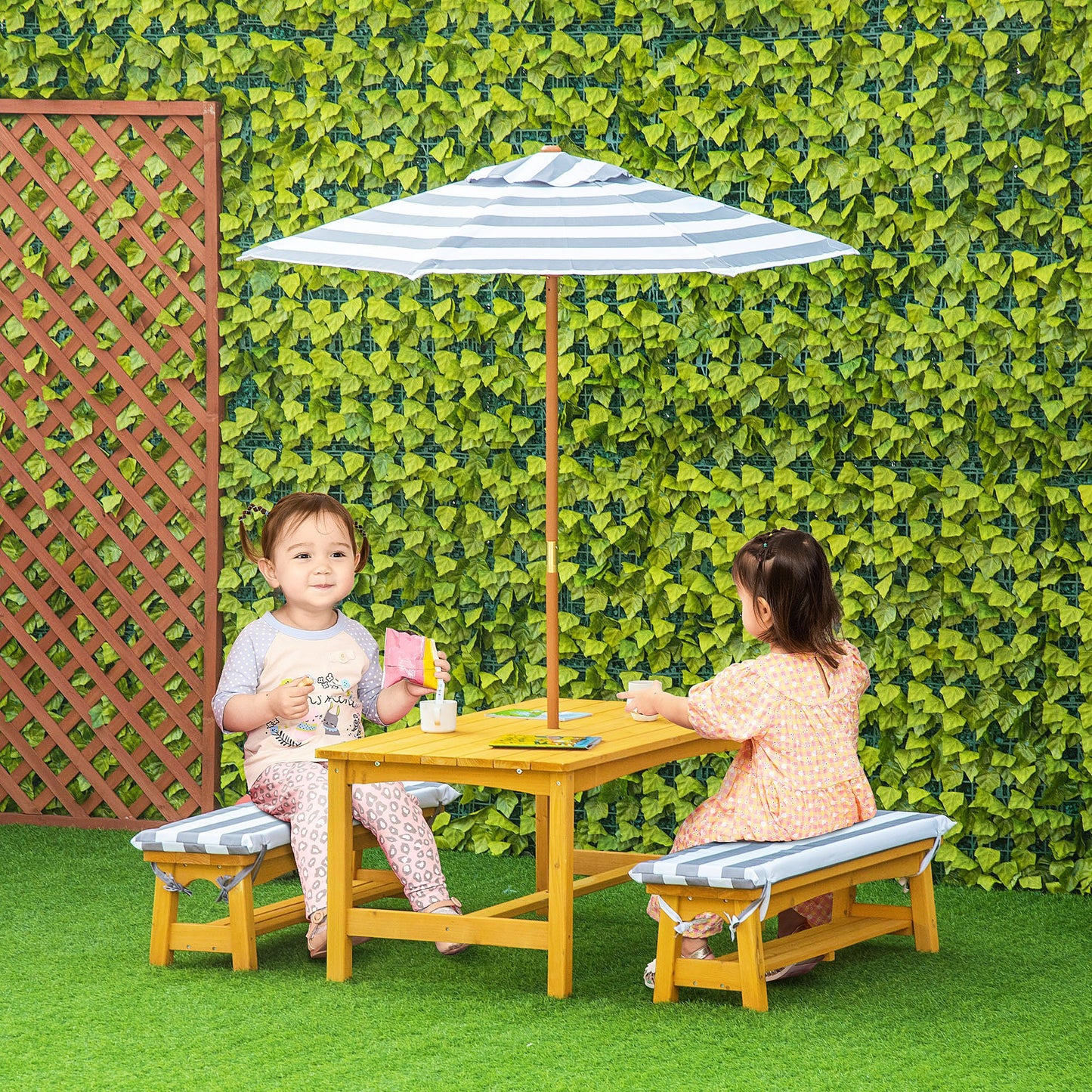 Outsunny Kids Wooden Table Bench Set with Cushions, Outdoor Picnic Furniture with Removable Umbrella, Yellow Set, Aged 3-8 | Aosom Canada