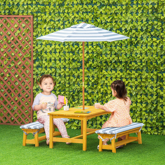 Outsunny Kids Wooden Table Bench Set with Cushions, Outdoor Picnic Furniture with Removable Umbrella, Yellow Set, Aged 3-8 | Aosom Canada