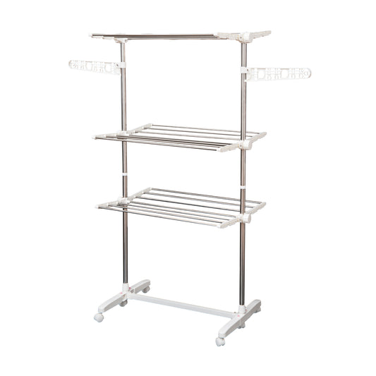 Homcom Laundry Hanging Rack Foldable 3 Tier Cloth Drying Rack Rolling Collapsible Heavy-Duty Hanger Towel Holder Stainless Steel Rods | Aosom Canada