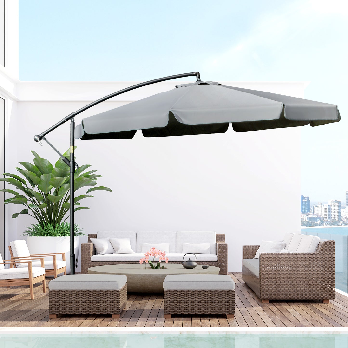 Outsunny 11FT Offset Hanging Patio Umbrella Cantilever Umbrella with Easy Tilt Adjustment, Cross Base and 8 Ribs, Dark Grey | Aosom Canada