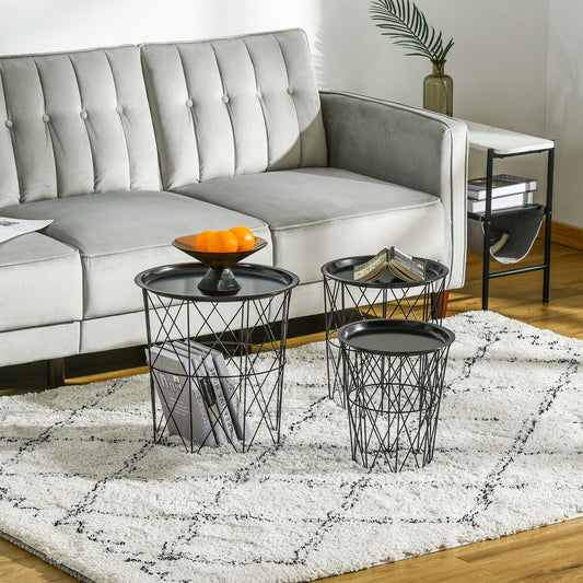 HOMCOM Set of 3 Nesting Coffee Tables with Storage, Round Side Tables with Metal Frame, End Tables with Removable Tray, Black | Aosom Canada