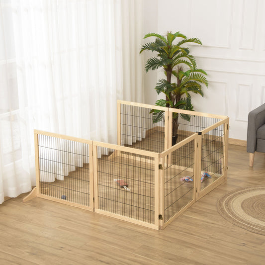 PawHut Wooden Pet Gate, Dog Safety Barrier, Freestanding Foldable Fence, w/ 6 Panels for Small & Medium Dogs, Natural Wood | Aosom Canada