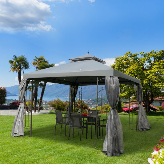 Outsunny 10' x 10' Steel Outdoor Patio Gazebo Canopy with Removable Mesh Curtains, Display Shelves, & Steel Frame, Grey | Aosom Canada