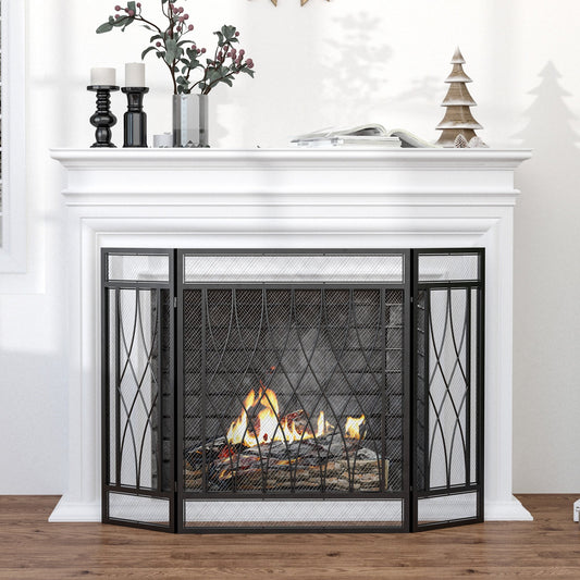 HOMCOM 3-Panel Folding Fireplace Screen, Metal Mesh Fire Spark Guard, 49.5" x 31.5", Black | Aosom Canada